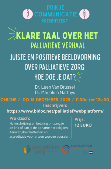 Poster over de webinar "Klare taal over het palliatieve verhaal"